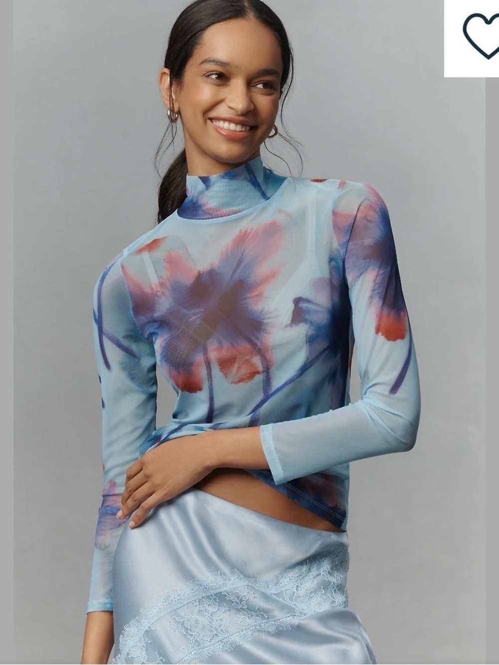 Anthropologie Light Blue Floral Sheer Mock Neck Long Sleeve Top Size Medium
